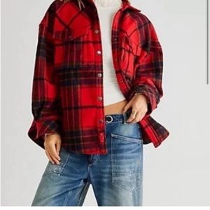 Free People Cabin Cozy Button Down Red Black Plaid Shacket